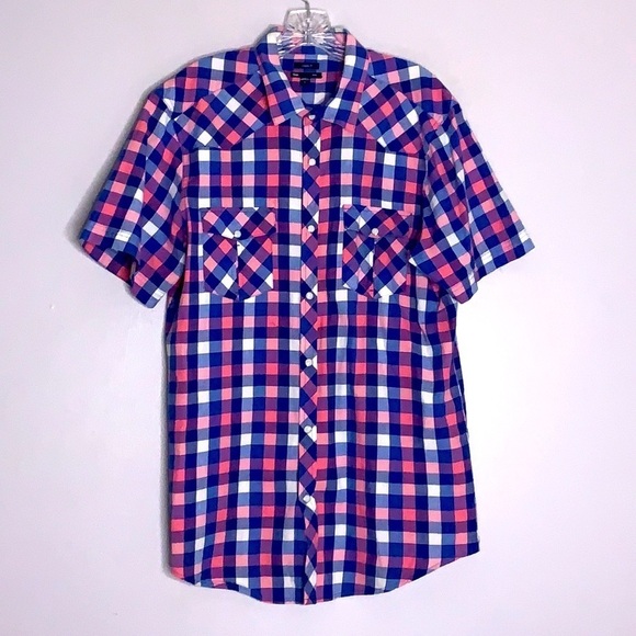 Gap classic fit checkered short sleeve button down shirt size large pink - Picture 1 of 5